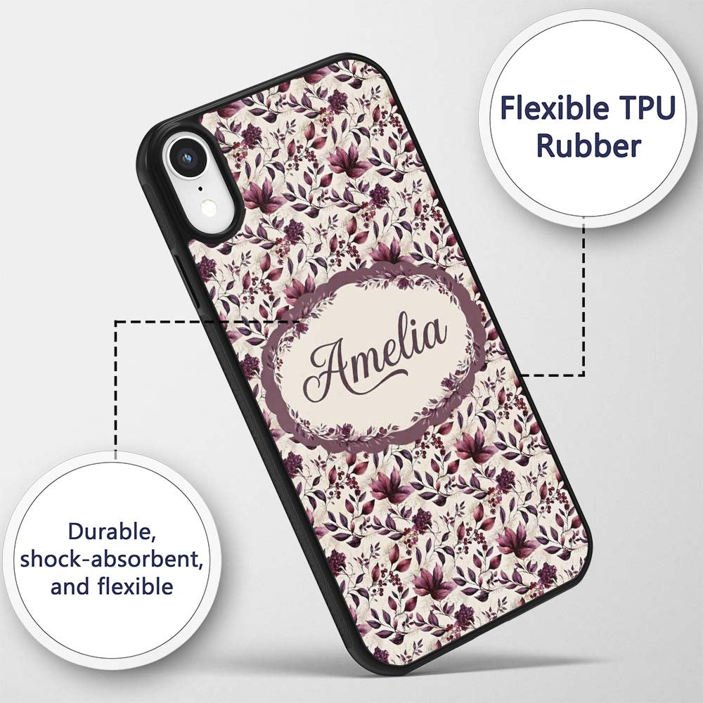Elegant Plum Floral Branches with Berries on Custom Name Protective Phone Case Mobile Cover Durable Everyday Smartphone Shock Resistant