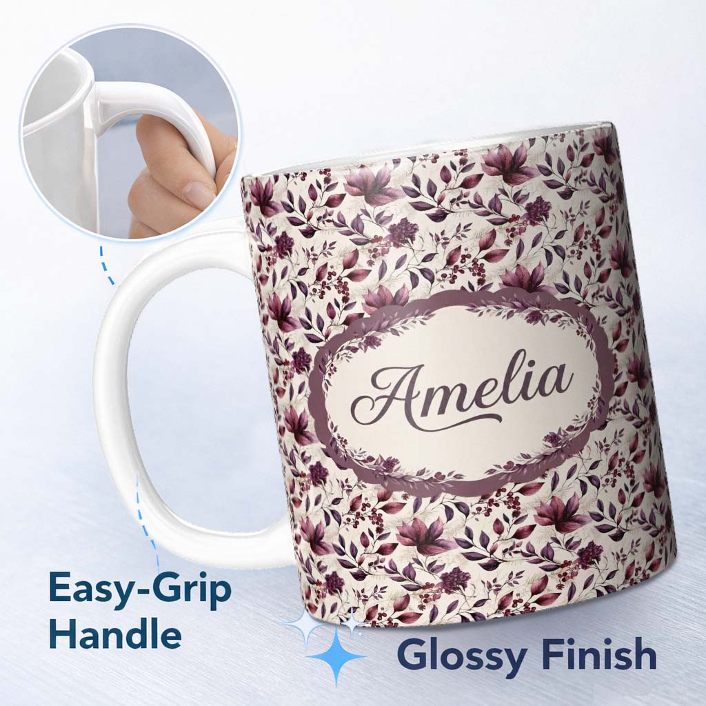 Personalized Custom Name Elegant Plum Floral Branches with Berries on Cream Seamless Pattern 11oz Ceramic Coffee Tea Mug White Large Handle