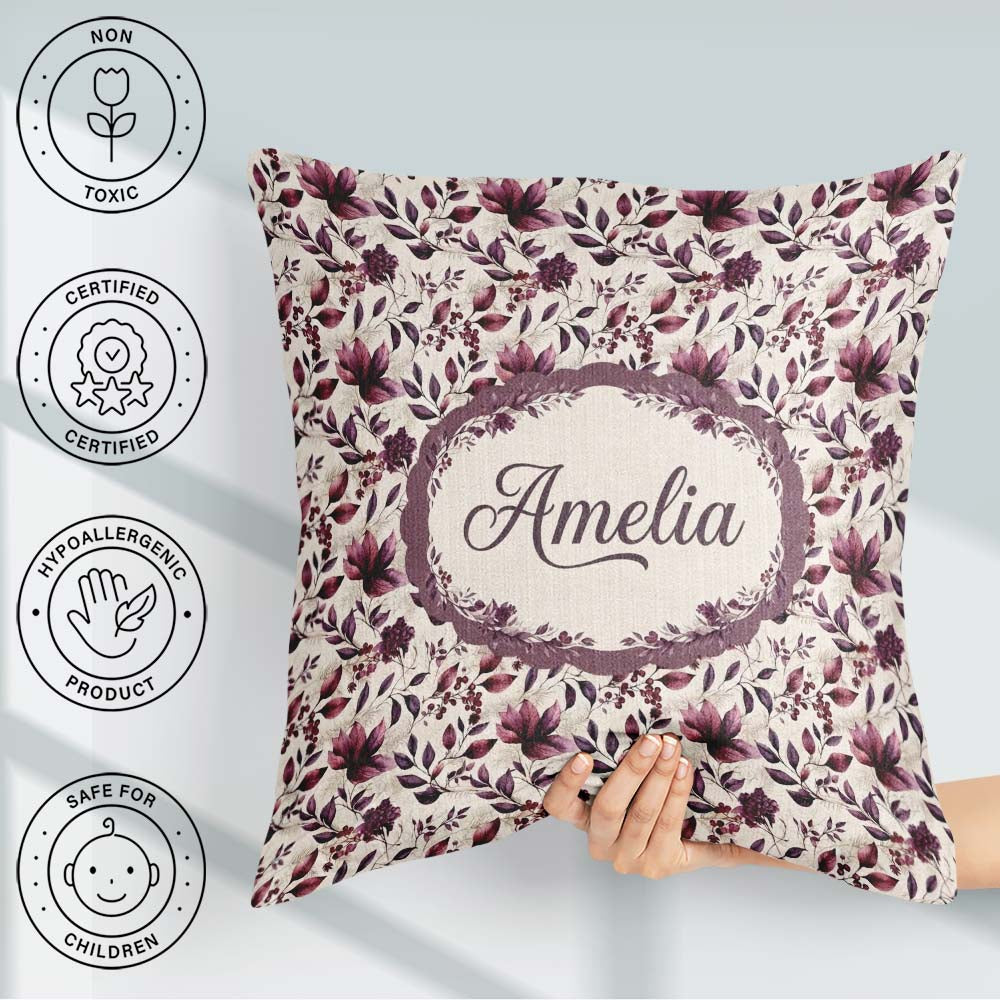 Custom Name Elegant Plum Branches with Berries on Cream Seamless Square Filled Cushion Throw Pillow Sofa Bed Home Decor Zip Washable UK Made