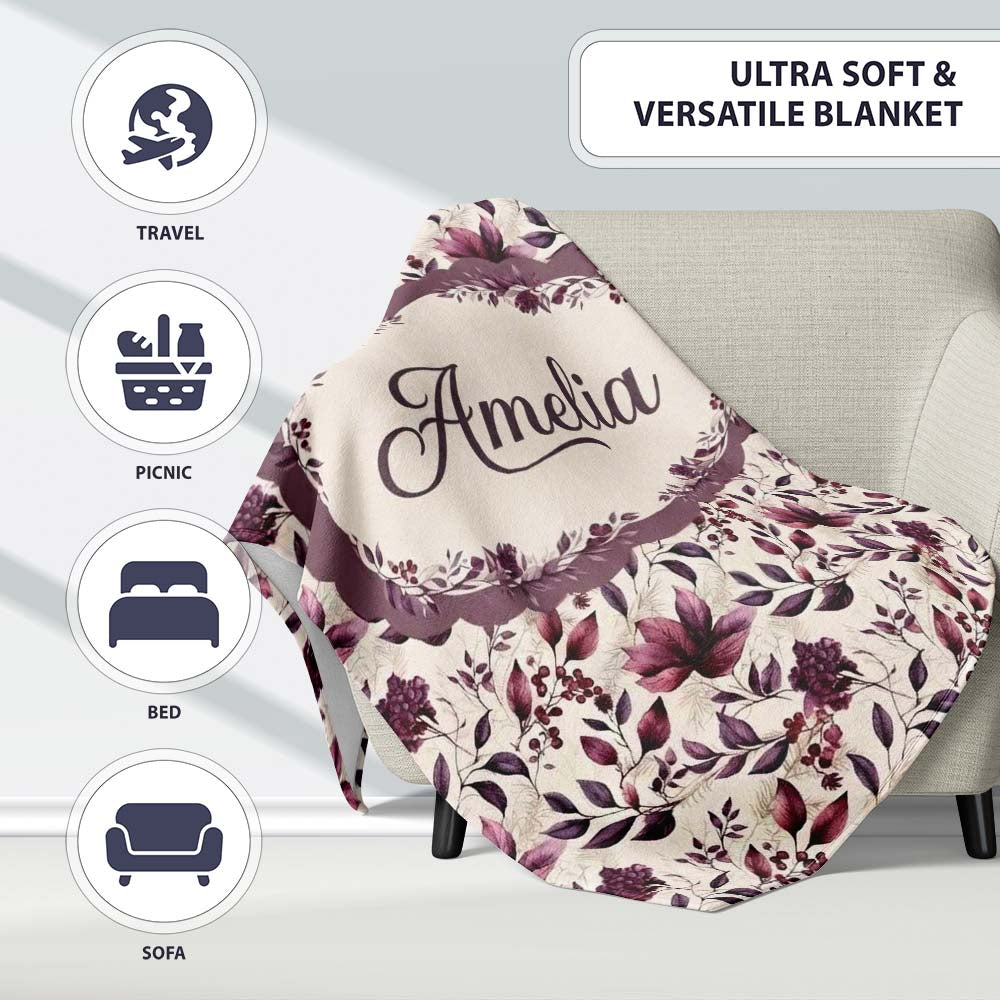 Elegant Plum Floral Branches with Berries on Cream Seamless Pattern  Personalised Custom Name Super Soft Fleece Blanket Bed Sofa Throw