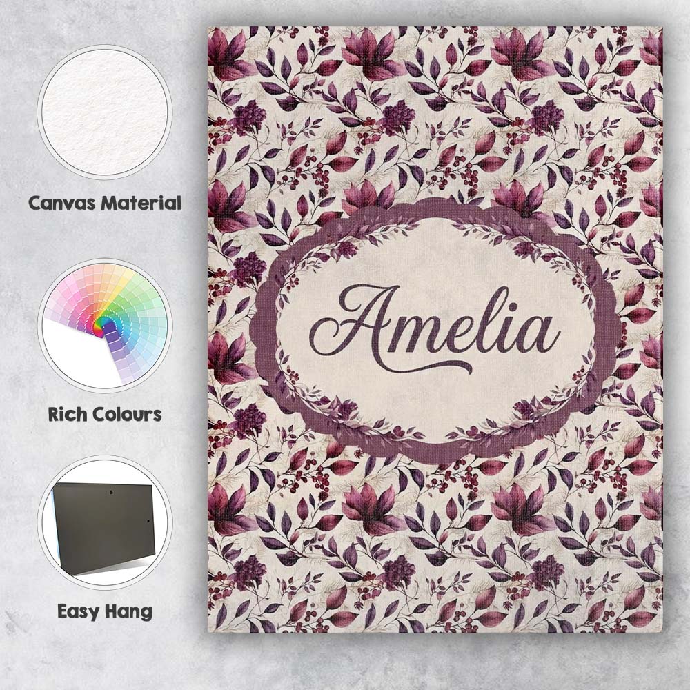 Personalised Name Elegant Plum Floral Custom Modern Room Accent Creative Decorator Style Canvas Wall Art Print Decor Picture Ready to Hang