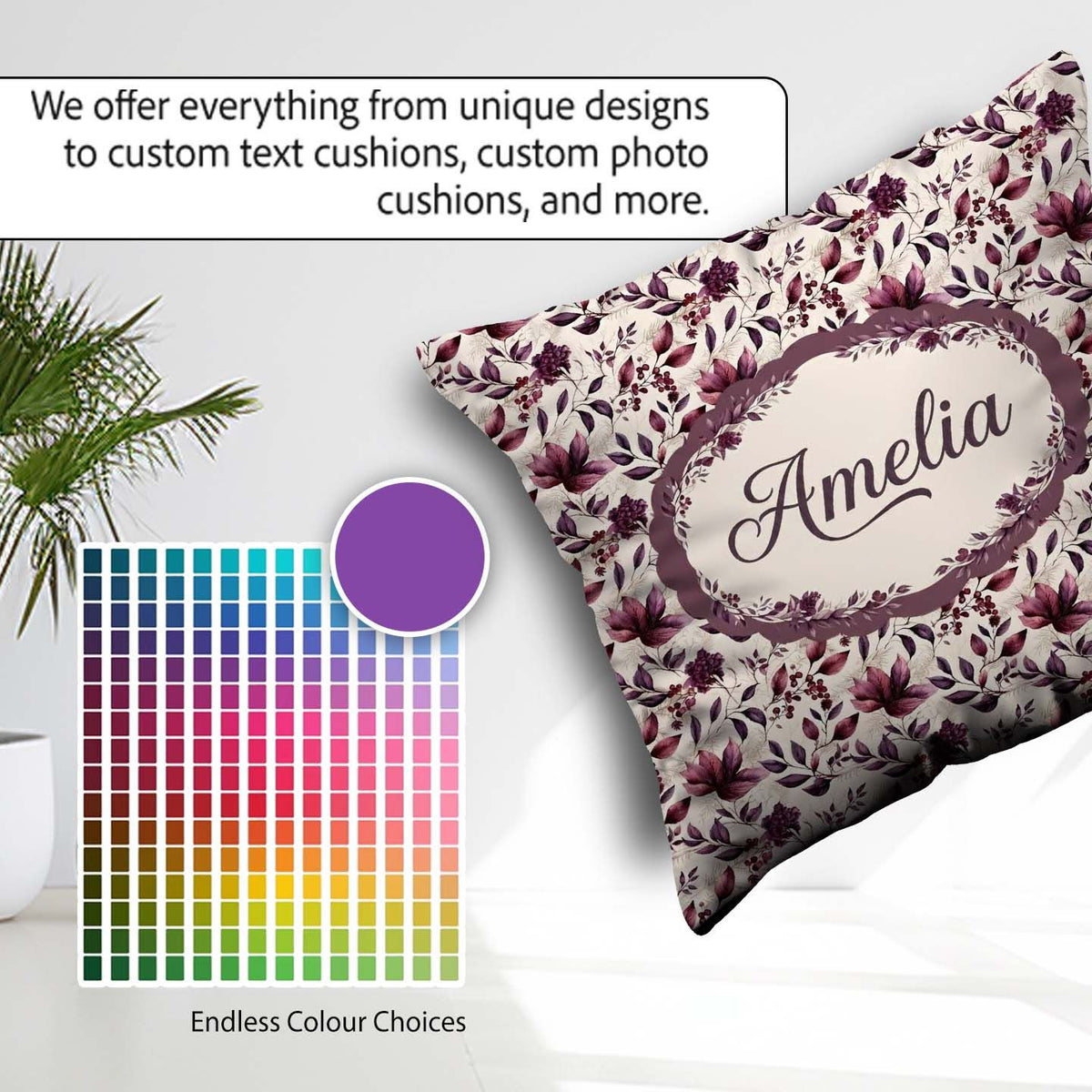 Custom Name Elegant Plum Branches with Berries on Cream Seamless Square Filled Cushion Throw Pillow Sofa Bed Home Decor Zip Washable UK Made