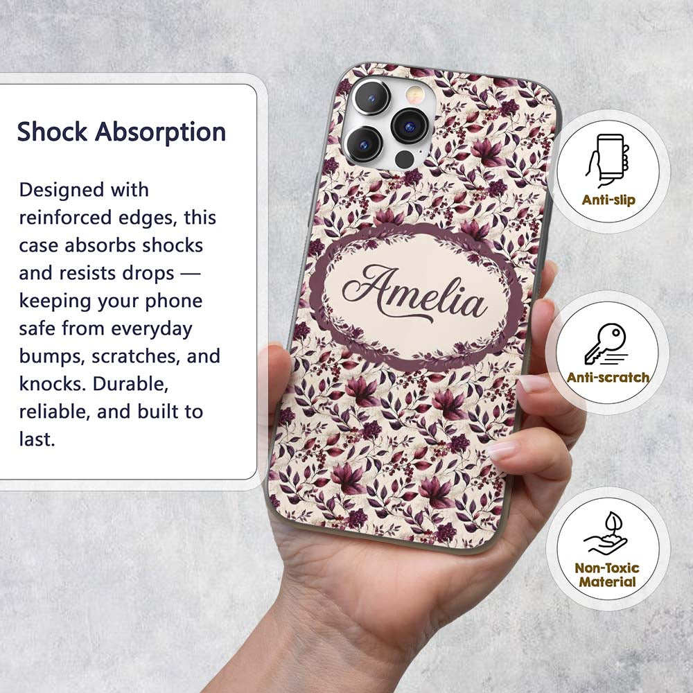 Elegant Plum Floral Branches with Berries on Custom Name Protective Phone Case Mobile Cover Durable Everyday Smartphone Shock Resistant