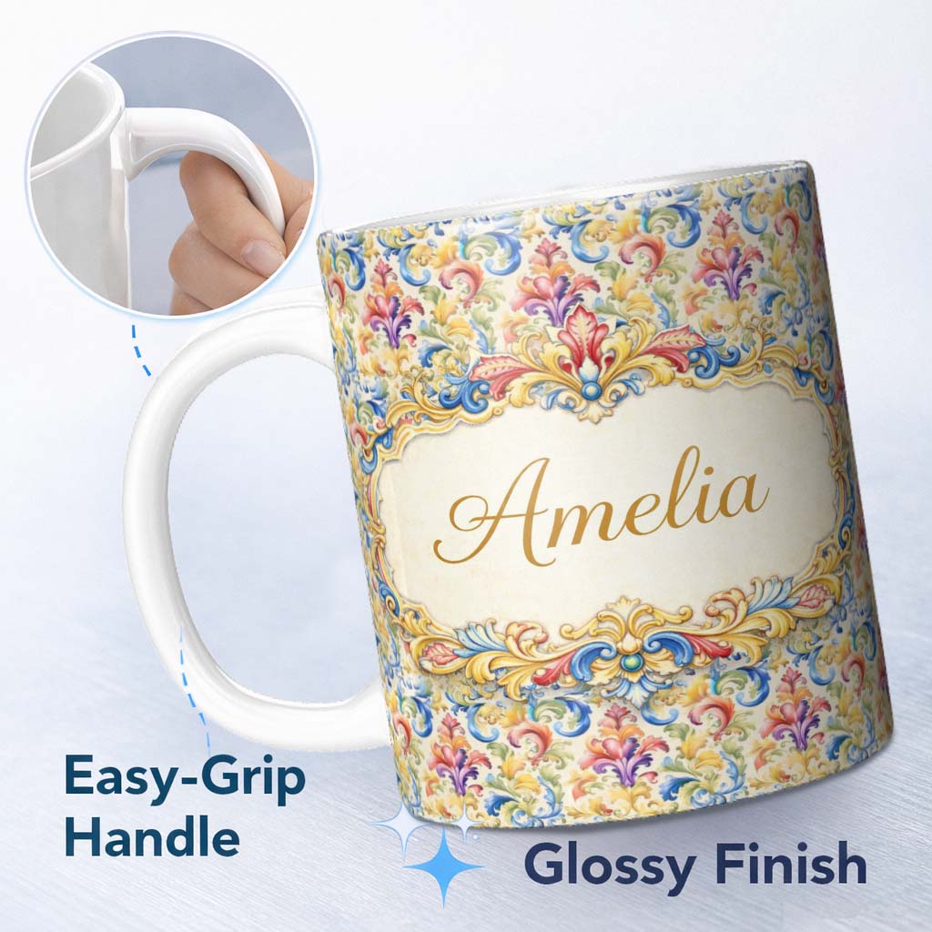 Personalized Custom Name Colourful Rainbow Baroque Floral Bright Artistic Ornamental Design 11oz Ceramic Coffee Tea Mug White Large Handle