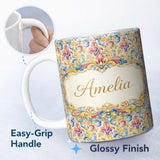 Personalized Custom Name Colourful Rainbow Baroque Floral Bright Artistic Ornamental Design 11oz Ceramic Coffee Tea Mug White Large Handle