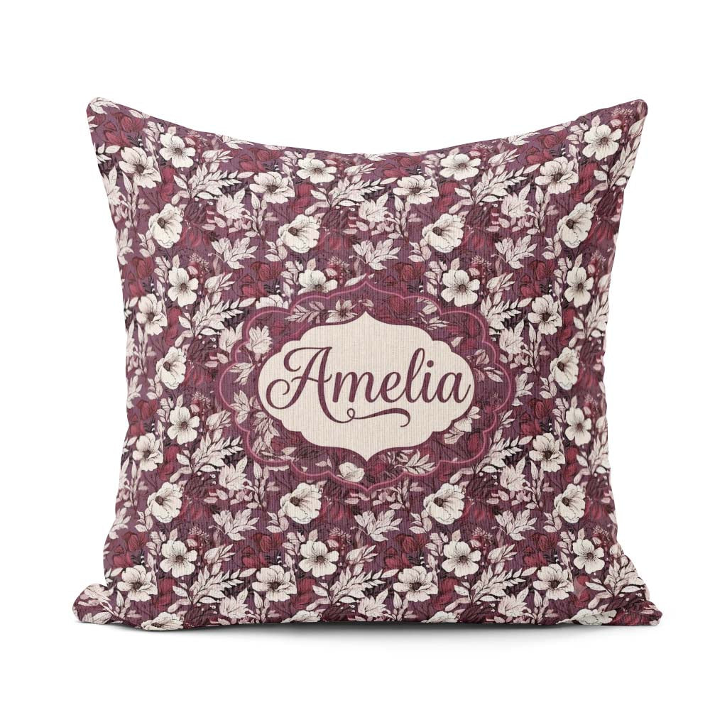 Custom Name Deep Mauve Floral Garden with Ivory Blossoms Pattern Square Filled Cushion Throw Pillow Sofa Bed Home Decor Zip Washable UK Made