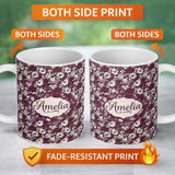 Personalized Custom Name Deep Mauve Floral Garden with Ivory Blossoms Seamless Pattern Name 11oz Ceramic Coffee Tea Mug White Large Handle