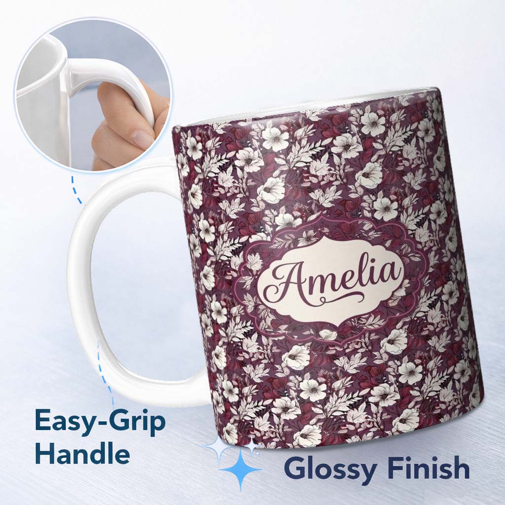 Personalized Custom Name Deep Mauve Floral Garden with Ivory Blossoms Seamless Pattern Name 11oz Ceramic Coffee Tea Mug White Large Handle