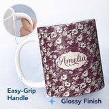 Personalized Custom Name Deep Mauve Floral Garden with Ivory Blossoms Seamless Pattern Name 11oz Ceramic Coffee Tea Mug White Large Handle