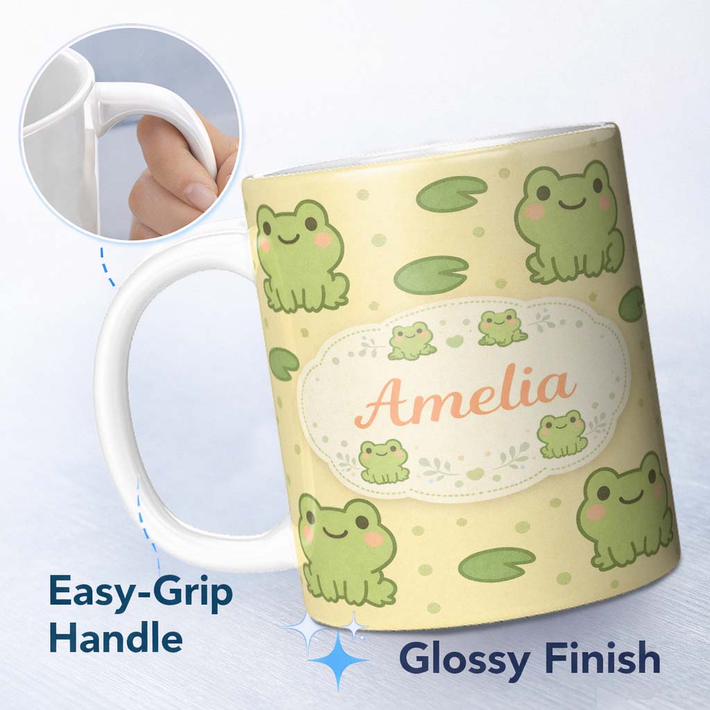 Personalized Custom Name Cute Frog Lily Pad Cartoon Animal Pattern Thoughtful Gift Idea 11oz Ceramic Coffee Tea Mug White Large Handle