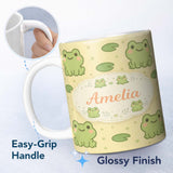 Personalized Custom Name Cute Frog Lily Pad Cartoon Animal Pattern Thoughtful Gift Idea 11oz Ceramic Coffee Tea Mug White Large Handle