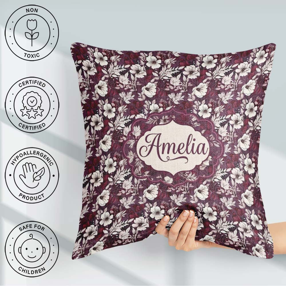 Custom Name Deep Mauve Floral Garden with Ivory Blossoms Pattern Square Filled Cushion Throw Pillow Sofa Bed Home Decor Zip Washable UK Made