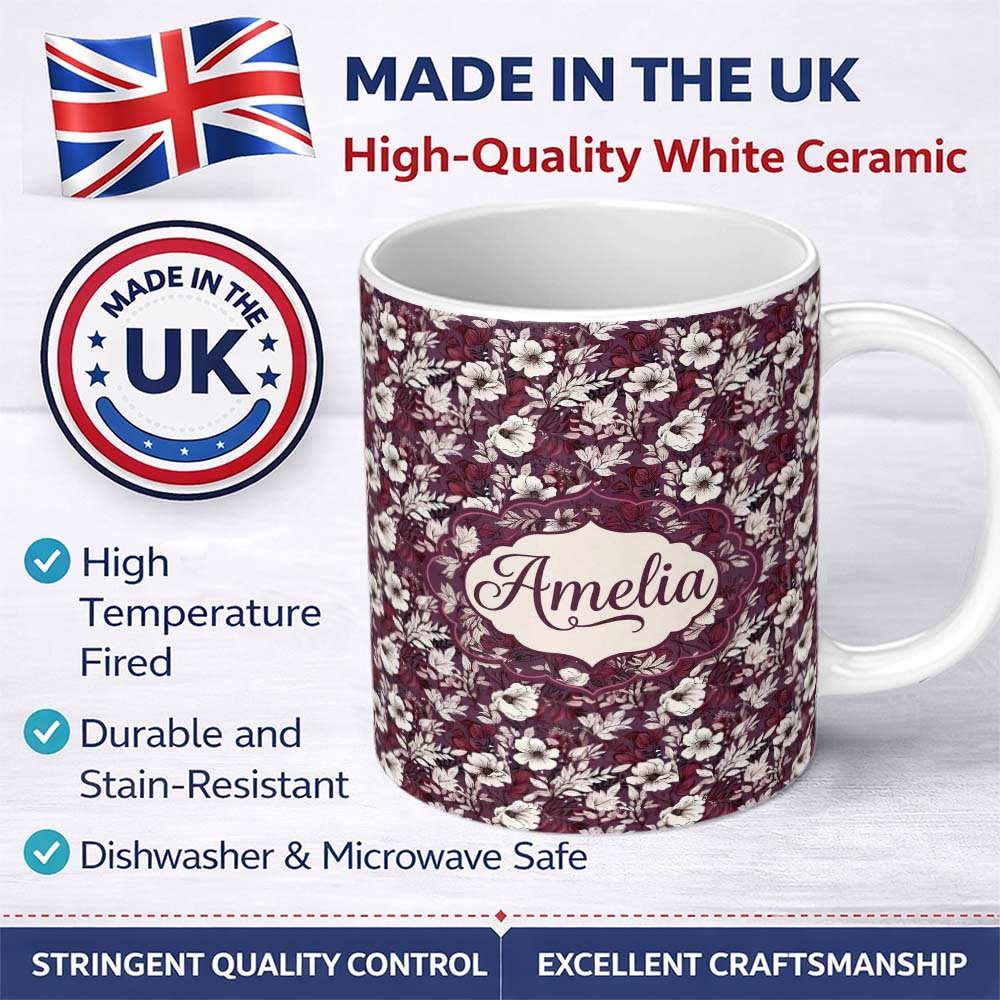 Personalized Custom Name Deep Mauve Floral Garden with Ivory Blossoms Seamless Pattern Name 11oz Ceramic Coffee Tea Mug White Large Handle