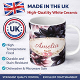 Personalized Custom Name Dark Gothic Floral Dahlia Black Pink Elegant Flower Pattern Lovely 11oz Ceramic Coffee Tea Mug White Large Handle