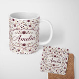 Personalized Custom Name Soft Beige and Burgundy Wildflower Botanical Seamless Pattern Name 11oz Ceramic Coffee Tea Mug White Large Handle