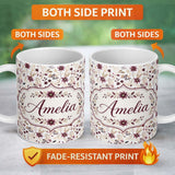 Personalized Custom Name Soft Beige and Burgundy Wildflower Botanical Seamless Pattern Name 11oz Ceramic Coffee Tea Mug White Large Handle