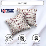 Custom Name Soft Beige and Burgundy Wildflower Botanical Pattern Square Filled Cushion Throw Pillow Sofa Bed Home Decor Zip Washable UK Made