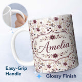Personalized Custom Name Soft Beige and Burgundy Wildflower Botanical Seamless Pattern Name 11oz Ceramic Coffee Tea Mug White Large Handle