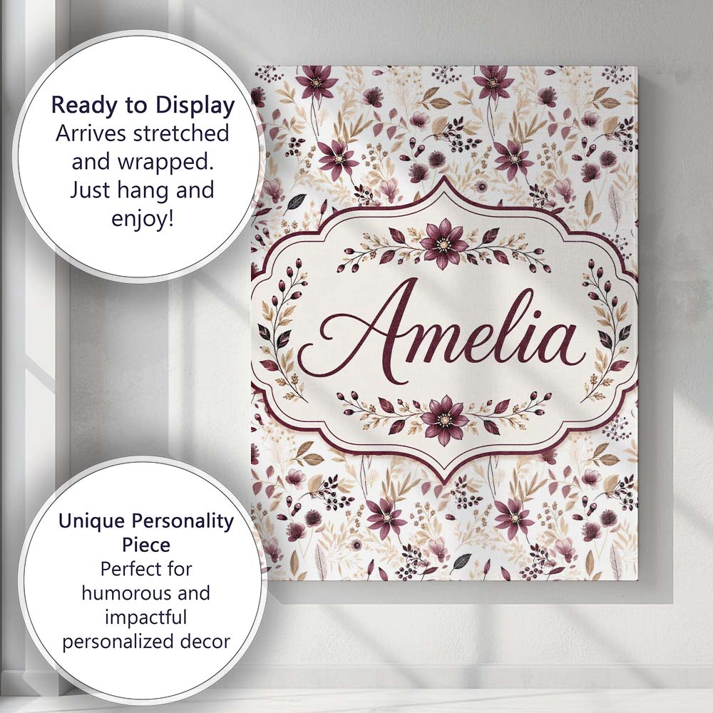 Personalised Name Soft Beige and Burgundy Custom  Unique Gift Idea Elegant Feature Canvas Wall Art Print Decor Picture Ready to Hang