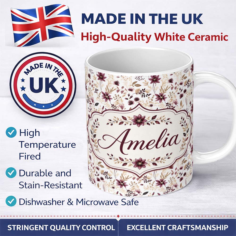 Personalized Custom Name Soft Beige and Burgundy Wildflower Botanical Seamless Pattern Name 11oz Ceramic Coffee Tea Mug White Large Handle