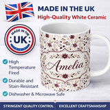 Personalized Custom Name Soft Beige and Burgundy Wildflower Botanical Seamless Pattern Name 11oz Ceramic Coffee Tea Mug White Large Handle