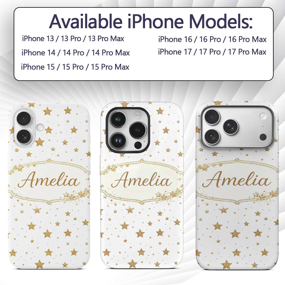 Gold Glitter Stars on White Seamless Pattern Custom Name Protective Phone Case Mobile Cover Durable Everyday Smartphone Shock Resistant