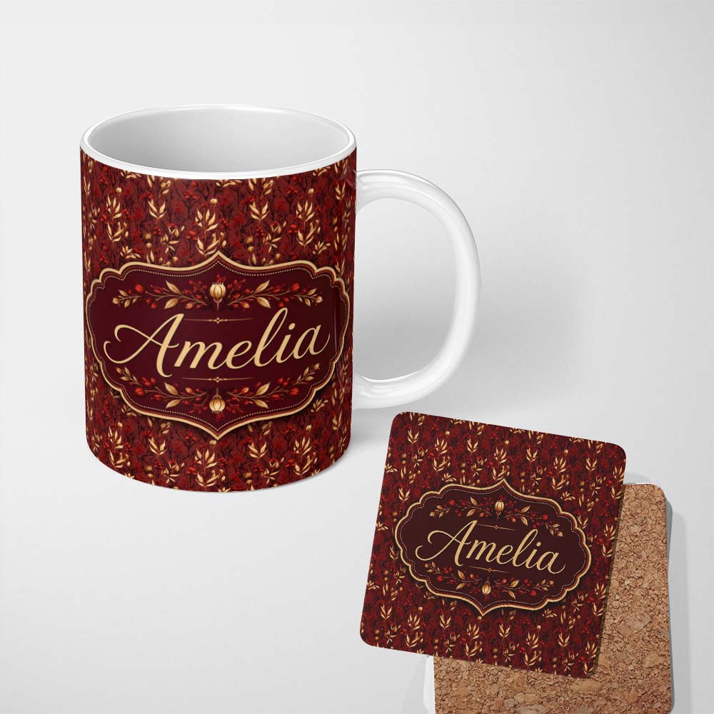 Personalized Custom Name Rich Red and Gold Autumn Botanical Leaves Seamless Pattern Name Cute 11oz Ceramic Coffee Tea Mug White Large Handle