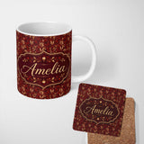 Personalized Custom Name Rich Red and Gold Autumn Botanical Leaves Seamless Pattern Name Cute 11oz Ceramic Coffee Tea Mug White Large Handle