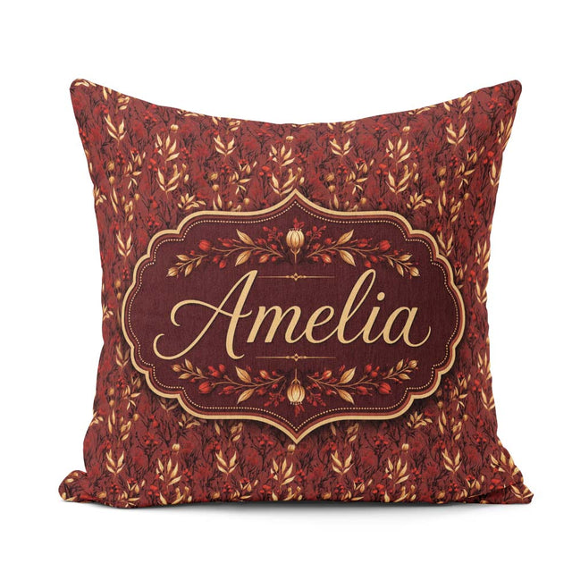 Custom Name Rich Red and Gold Autumn Botanical Pattern Name Cute Square Filled Cushion Throw Pillow Sofa Bed Home Decor Zip Washable UK Made
