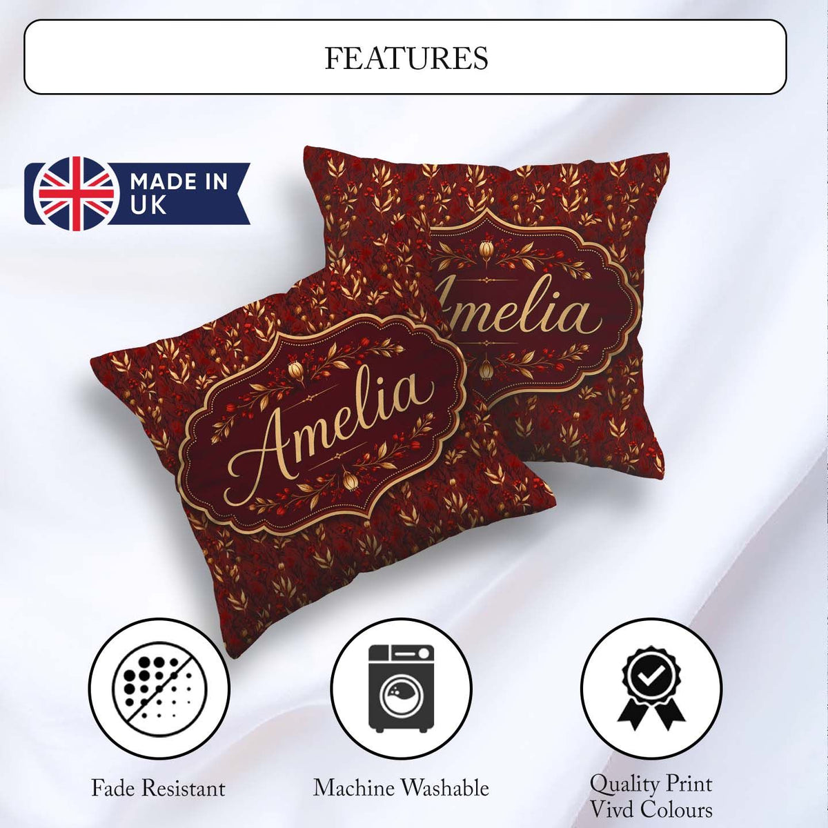 Custom Name Rich Red and Gold Autumn Botanical Pattern Name Cute Square Filled Cushion Throw Pillow Sofa Bed Home Decor Zip Washable UK Made