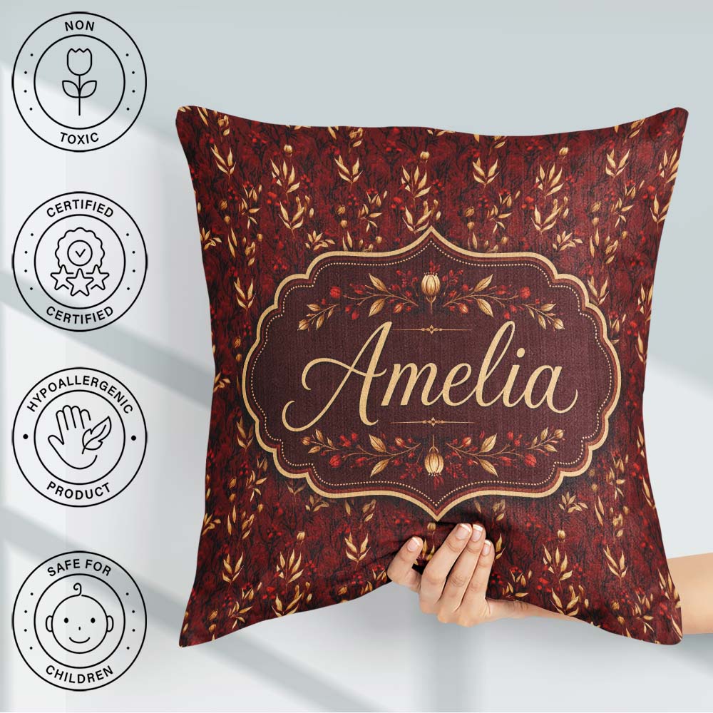 Custom Name Rich Red and Gold Autumn Botanical Pattern Name Cute Square Filled Cushion Throw Pillow Sofa Bed Home Decor Zip Washable UK Made