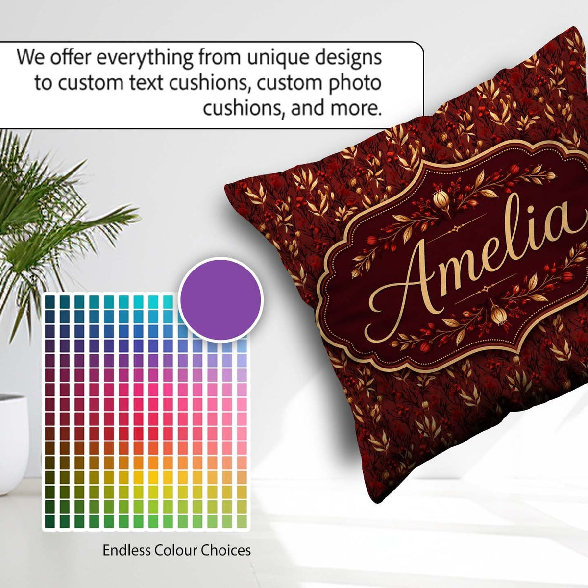 Custom Name Rich Red and Gold Autumn Botanical Pattern Name Cute Square Filled Cushion Throw Pillow Sofa Bed Home Decor Zip Washable UK Made