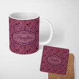 Personalized Custom Name Vintage Mauve Floral Silhouette Pattern on Dusky Background 11oz Ceramic Coffee Tea Mug White Large Handle