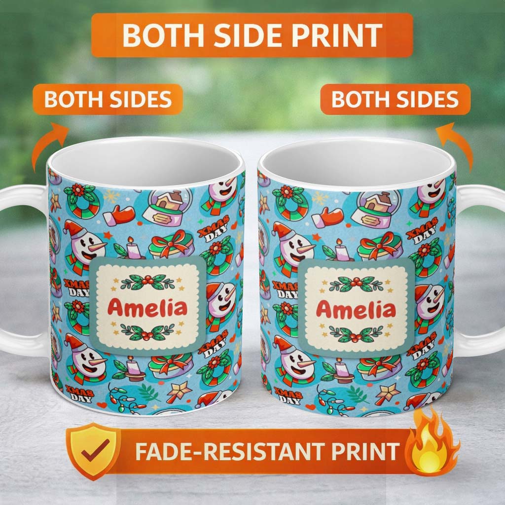 Personalized Custom Name Cute Snowman Xmas Day Gift Candle Seamless Pattern Festive Winter 11oz Ceramic Coffee Tea Mug White Large Handle