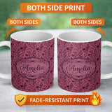 Personalized Custom Name Vintage Mauve Floral Silhouette Pattern on Dusky Background 11oz Ceramic Coffee Tea Mug White Large Handle