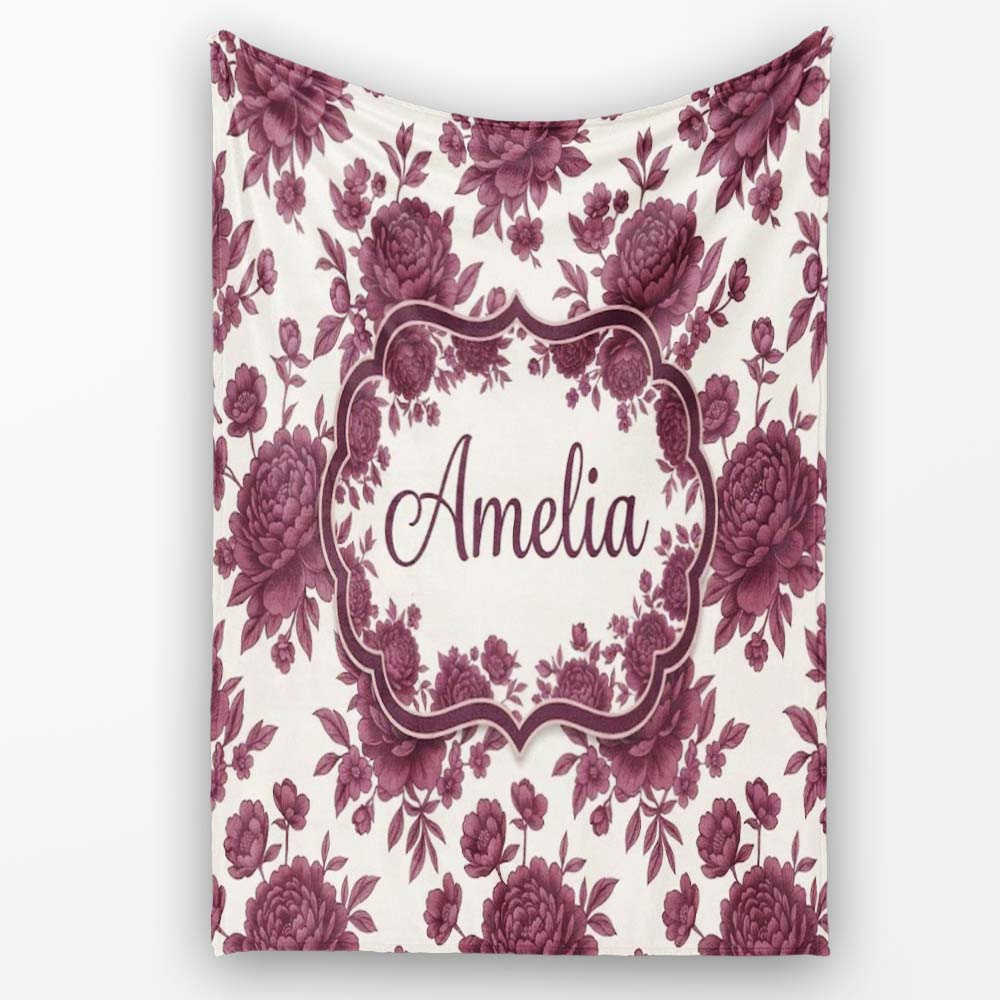 Classic Beige Background with Burgundy Floral Sprigs Seamless  Personalised Custom Name Super Soft Fleece Blanket Bed Sofa Throw