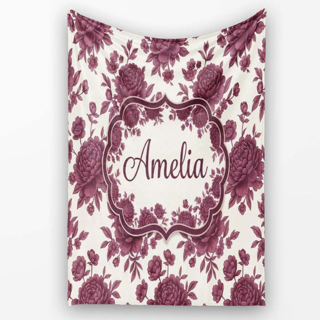 Classic Beige Background with Burgundy Floral Sprigs Seamless  Personalised Custom Name Super Soft Fleece Blanket Bed Sofa Throw