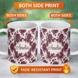 Personalized Custom Name Classic Beige Background with Burgundy Floral Sprigs Seamless 11oz Ceramic Coffee Tea Mug White Large Handle