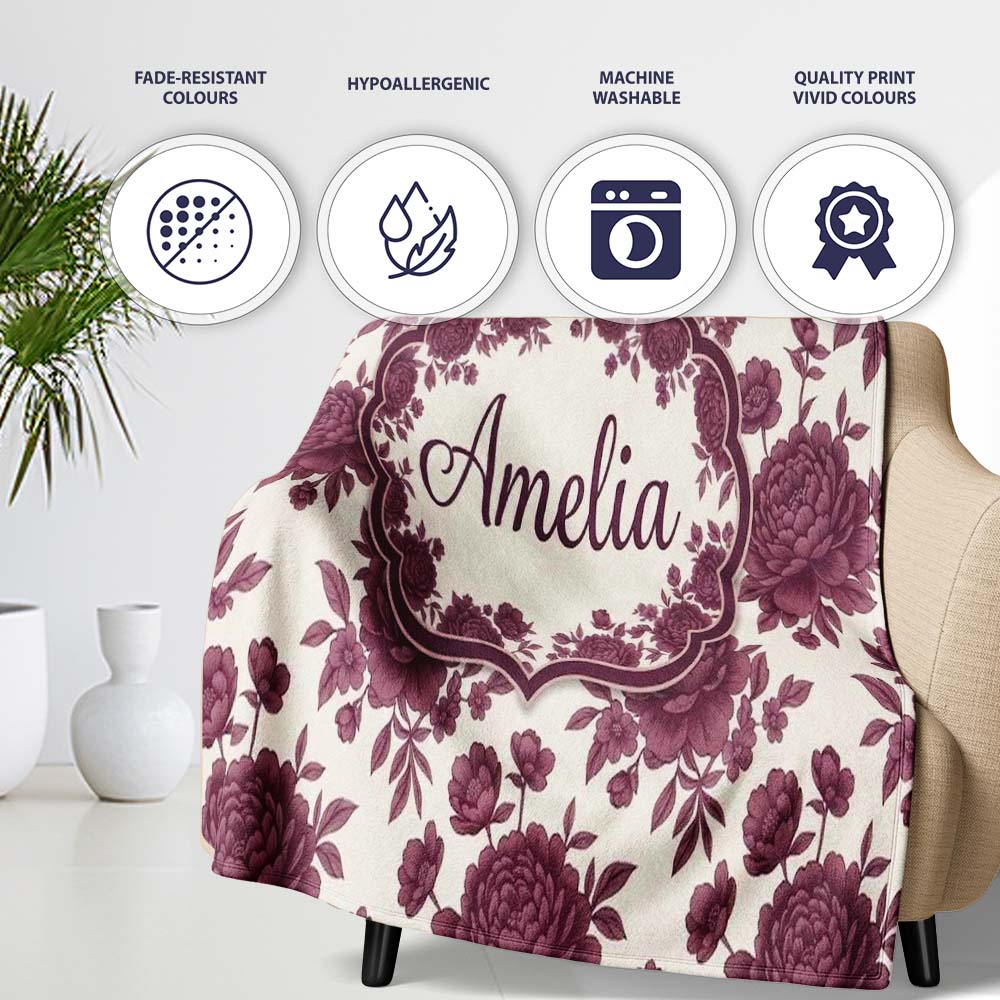 Classic Beige Background with Burgundy Floral Sprigs Seamless  Personalised Custom Name Super Soft Fleece Blanket Bed Sofa Throw