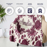 Classic Beige Background with Burgundy Floral Sprigs Seamless  Personalised Custom Name Super Soft Fleece Blanket Bed Sofa Throw