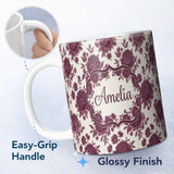 Personalized Custom Name Classic Beige Background with Burgundy Floral Sprigs Seamless 11oz Ceramic Coffee Tea Mug White Large Handle