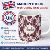 Personalized Custom Name Classic Beige Background with Burgundy Floral Sprigs Seamless 11oz Ceramic Coffee Tea Mug White Large Handle