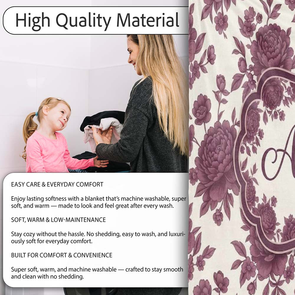 Classic Beige Background with Burgundy Floral Sprigs Seamless  Personalised Custom Name Super Soft Fleece Blanket Bed Sofa Throw