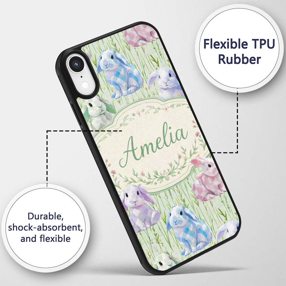 Pastel Bunny Meadow Spring Decorative Design Custom Name Protective Phone Case Mobile Cover Durable Everyday Smartphone Shock Resistant