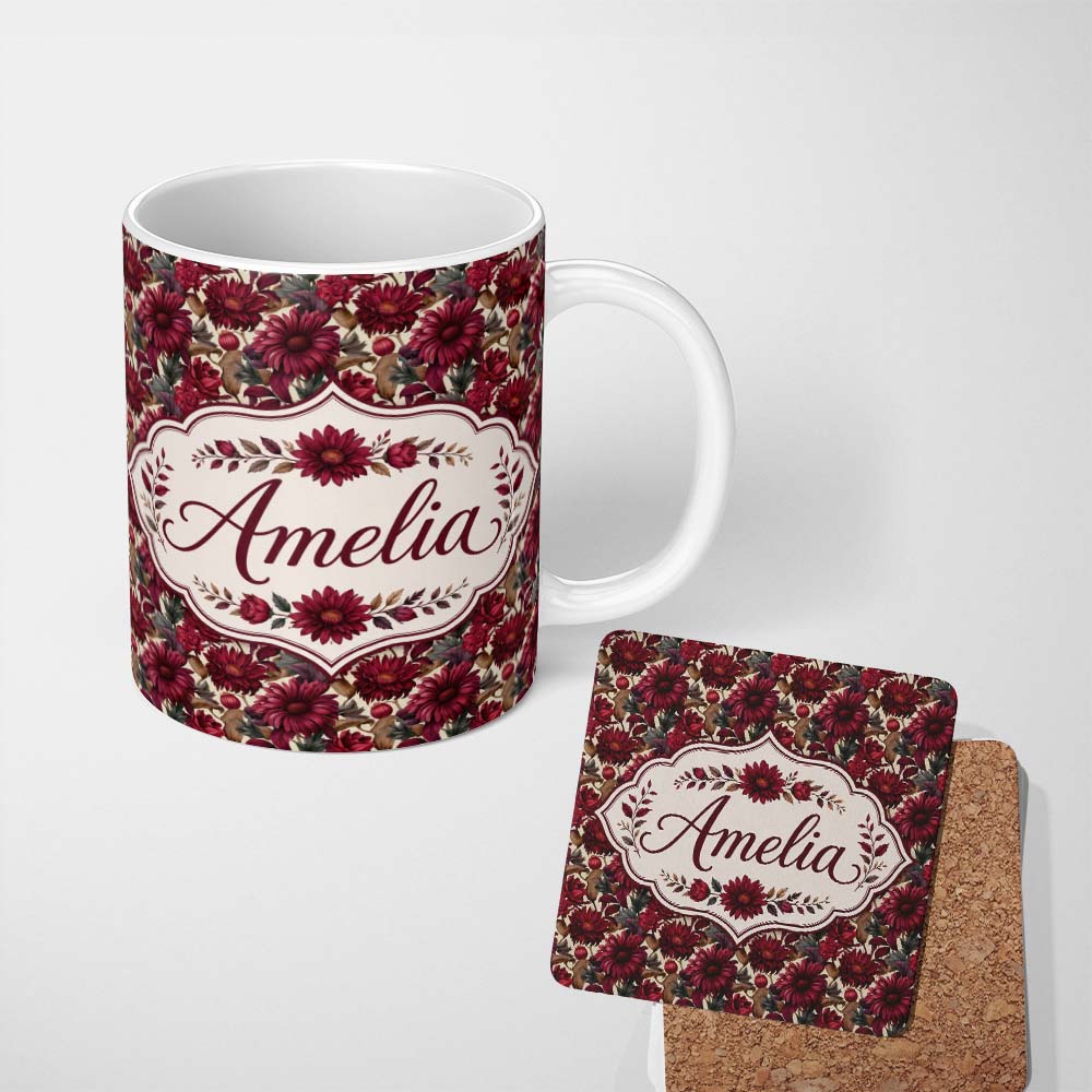Personalized Custom Name Bold Red Dahlia Floral Pattern with Neutral Leaves Seamless Name 11oz Ceramic Coffee Tea Mug White Large Handle