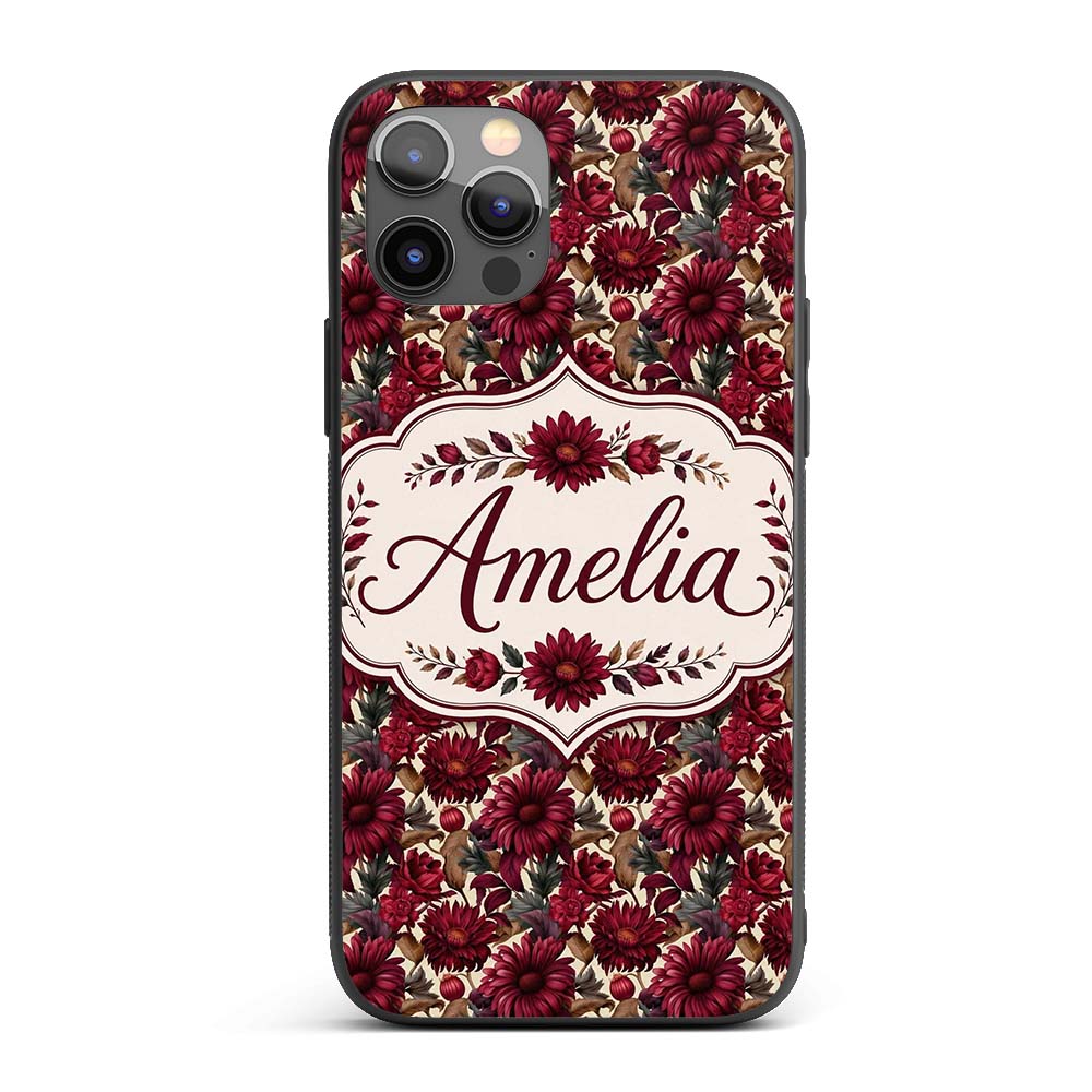 Bold Red Dahlia Floral Pattern Printed Design Custom Name Protective Phone Case Mobile Cover Durable Everyday Smartphone Shock Resistant