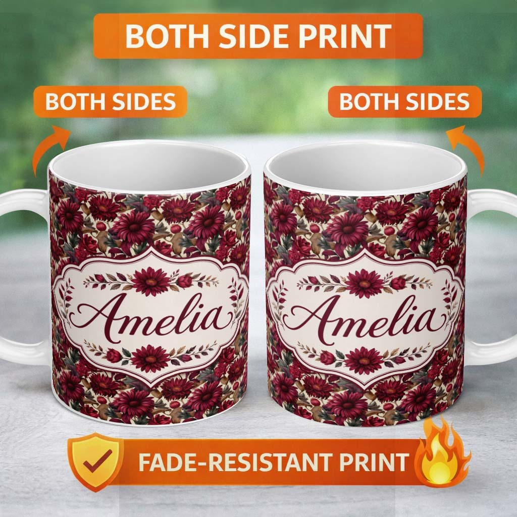 Personalized Custom Name Bold Red Dahlia Floral Pattern with Neutral Leaves Seamless Name 11oz Ceramic Coffee Tea Mug White Large Handle