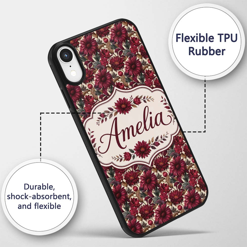 Bold Red Dahlia Floral Pattern Printed Design Custom Name Protective Phone Case Mobile Cover Durable Everyday Smartphone Shock Resistant