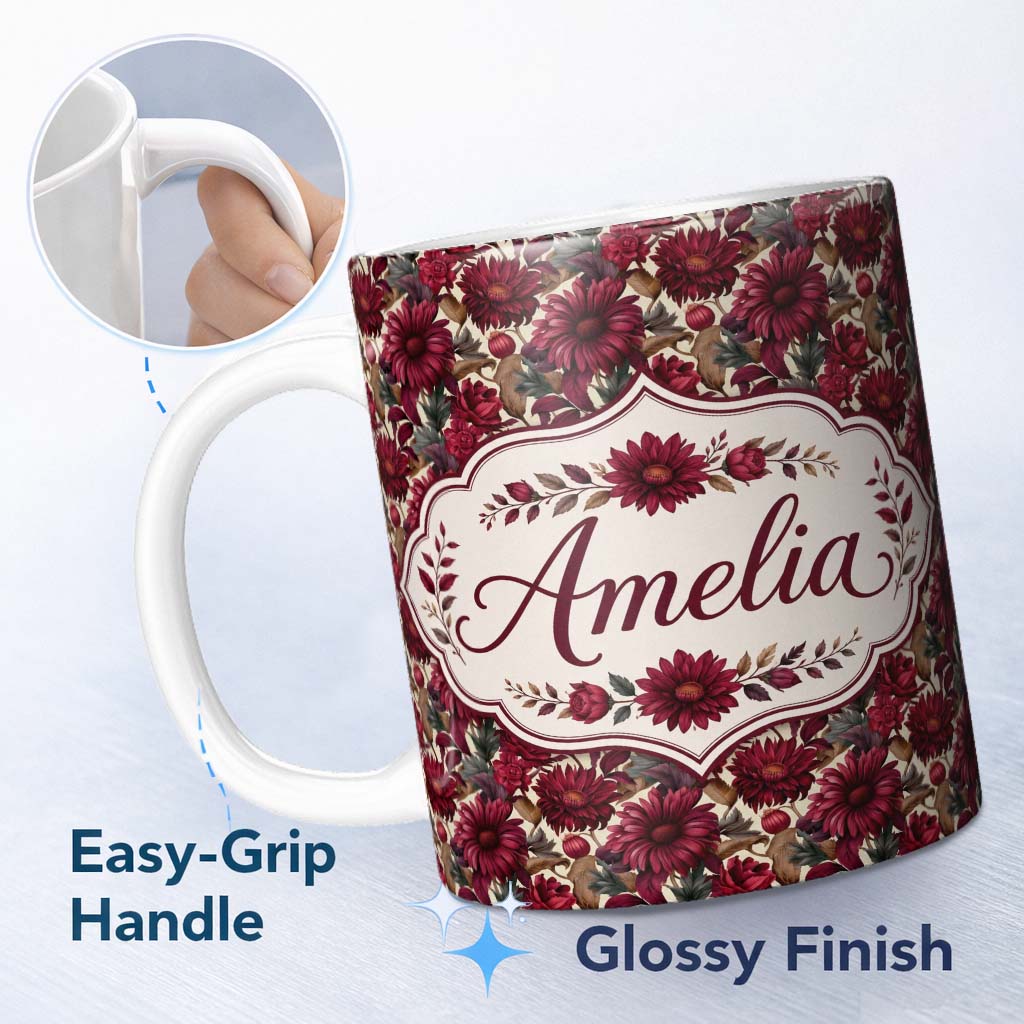 Personalized Custom Name Bold Red Dahlia Floral Pattern with Neutral Leaves Seamless Name 11oz Ceramic Coffee Tea Mug White Large Handle