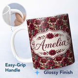 Personalized Custom Name Bold Red Dahlia Floral Pattern with Neutral Leaves Seamless Name 11oz Ceramic Coffee Tea Mug White Large Handle